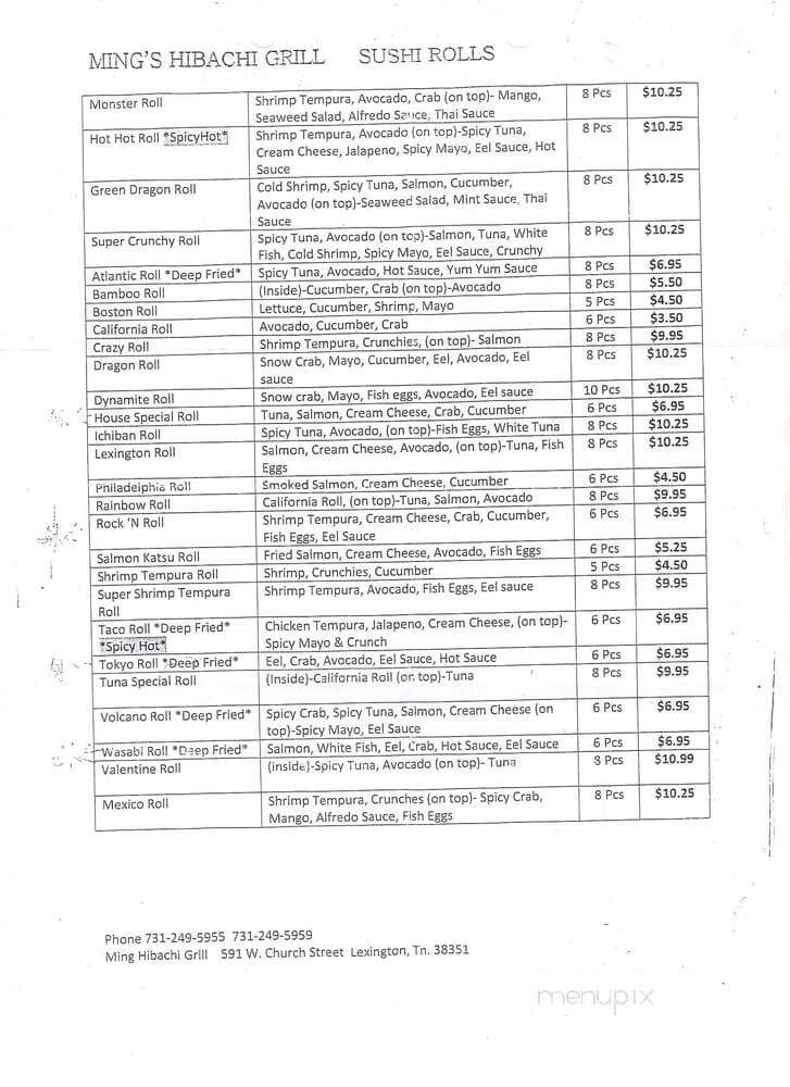 Ming's Hibachi Grill - Lexington, TN menu_pic