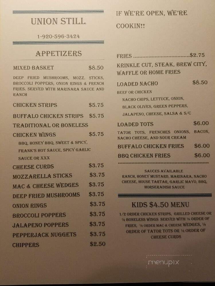 Union Still & Grill - Manawa, WI menu_pic