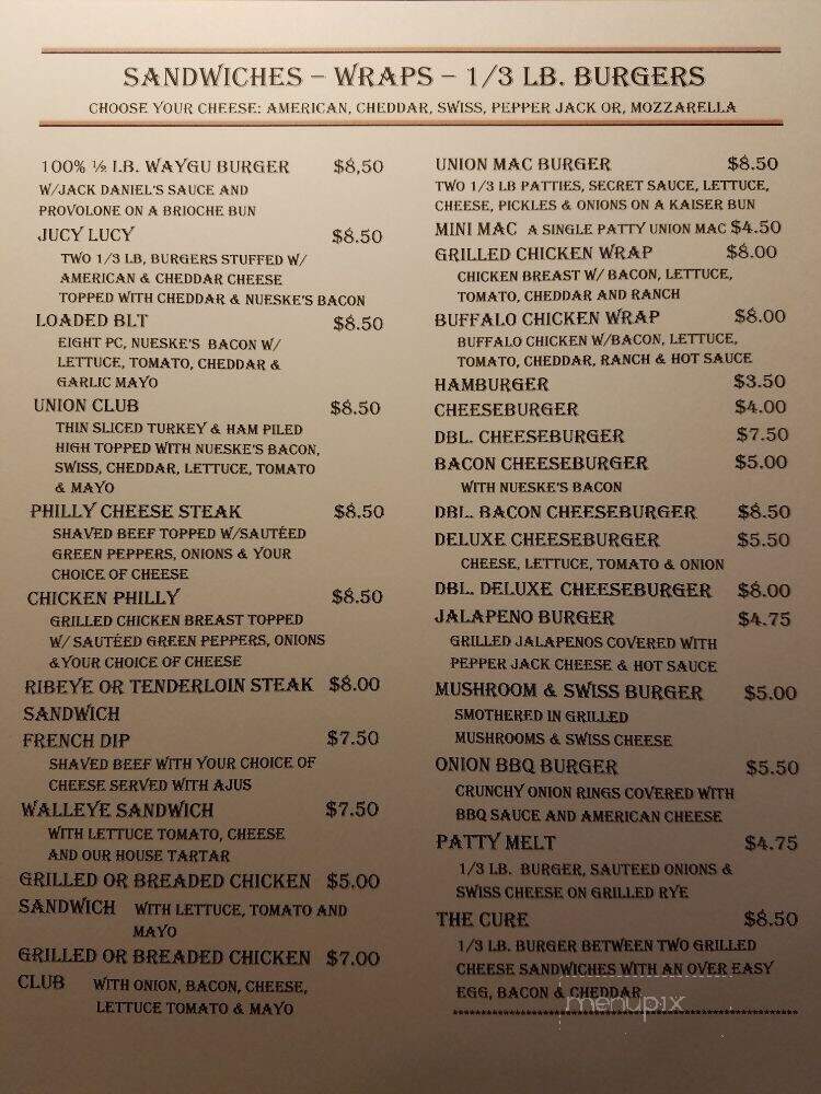 Union Still & Grill - Manawa, WI menu_pic