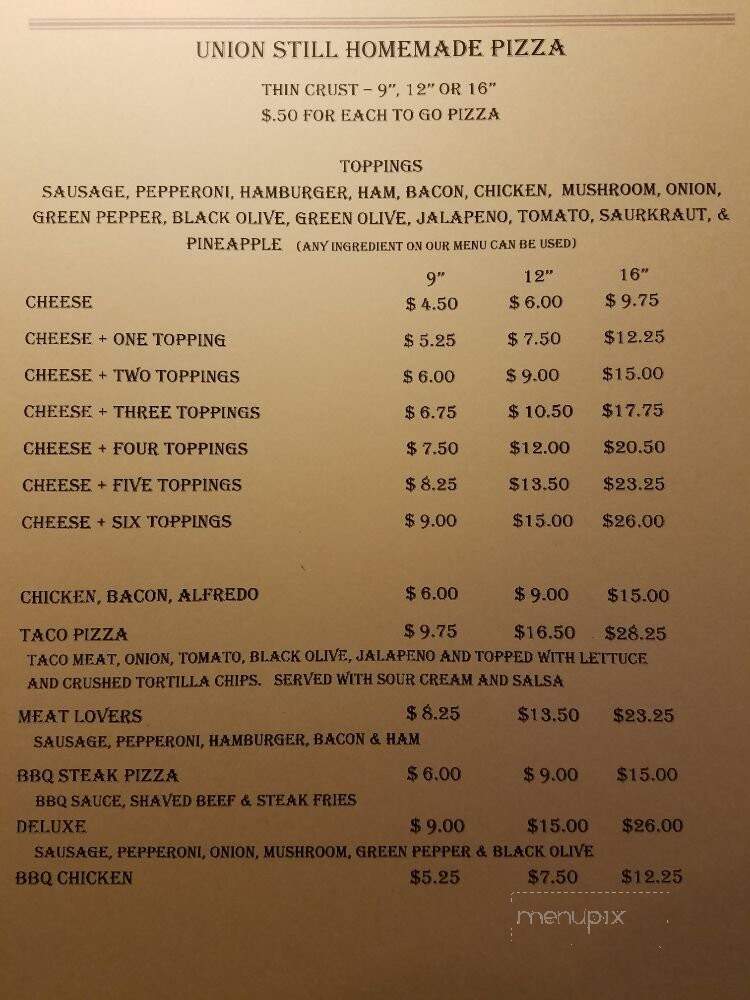 Union Still & Grill - Manawa, WI menu_pic
