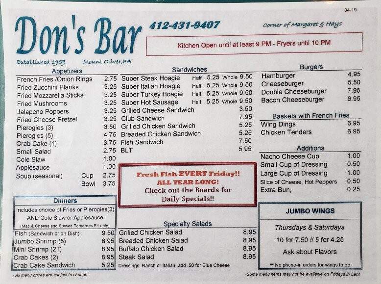 Dons's Bar - Pittsburgh, PA menu_pic
