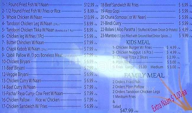 Taj Mahal Sweet & Restaurant - Scarborough, ON menu_pic