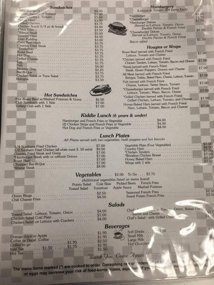 Mrs Wenger's Restaurant - Sanford, NC menu_pic