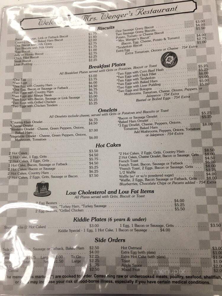 Mrs Wenger's Restaurant - Sanford, NC menu_pic