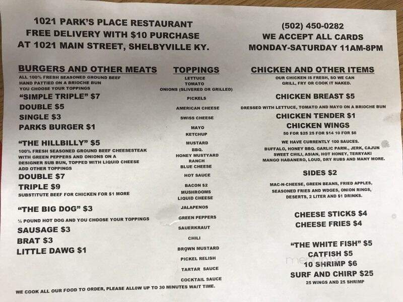 1021 Park's Place Restaurant - Shelbyville, KY menu_pic