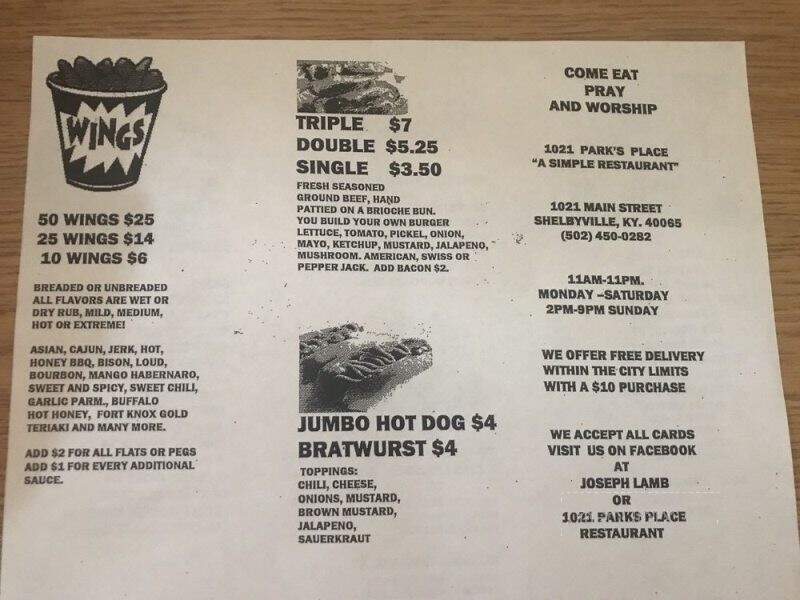 1021 Park's Place Restaurant - Shelbyville, KY menu_pic