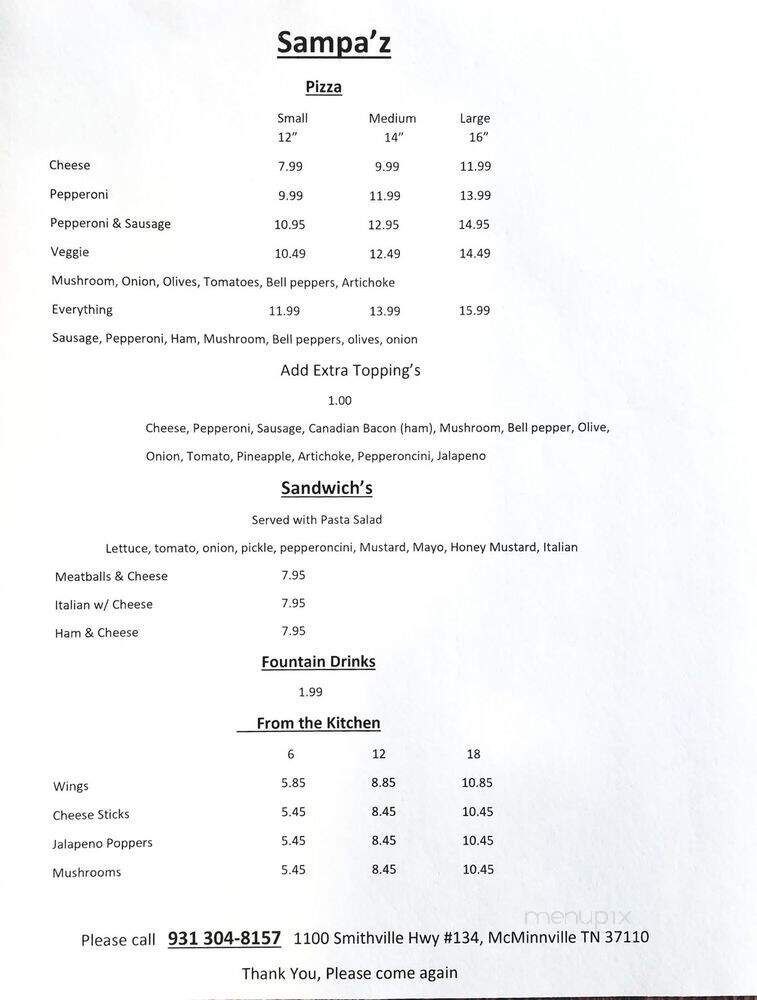 Sampa'z Pizza - McMinnville, TN menu_pic