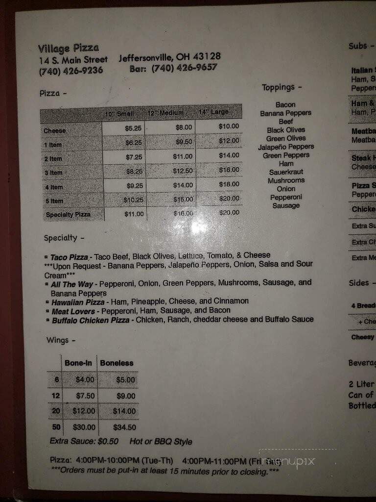 Village Pizza - Jeffersonville, OH menu_pic