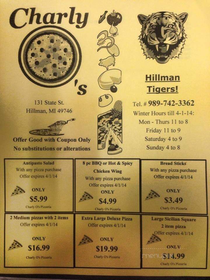 Charly O's Pizza - Hillman, MI menu_pic