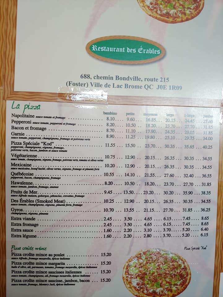 Restaurant Des erables - Foster, QC menu_pic