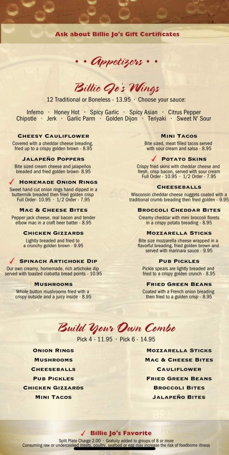 Billie Jo's - Algona, IA menu_pic