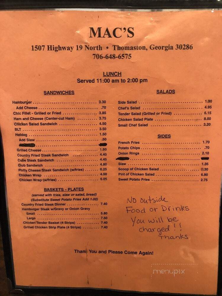 Mac's Restaurant - Thomaston, GA menu_pic