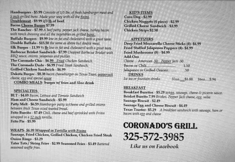 Coronado's Camp Store & Grill - Tuscola, TX menu_pic