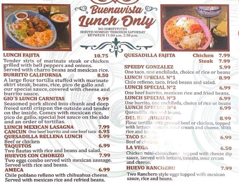 Buenavista Mexican Restaurant - Cullman, AL menu_pic