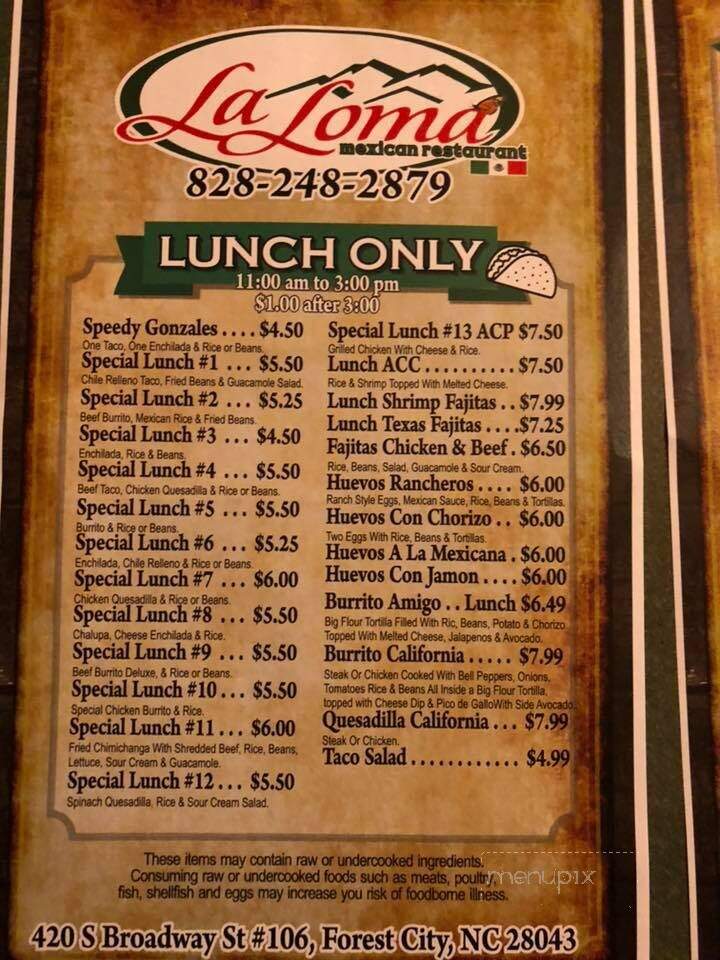 Menu of La Loma Mexican Restaurant in Forest City, NC 28043