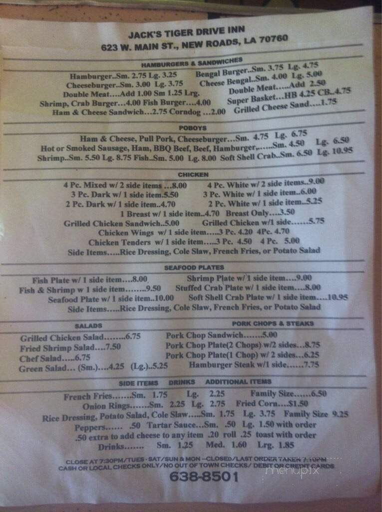Tiger Drive Inn - New Roads, LA menu_pic