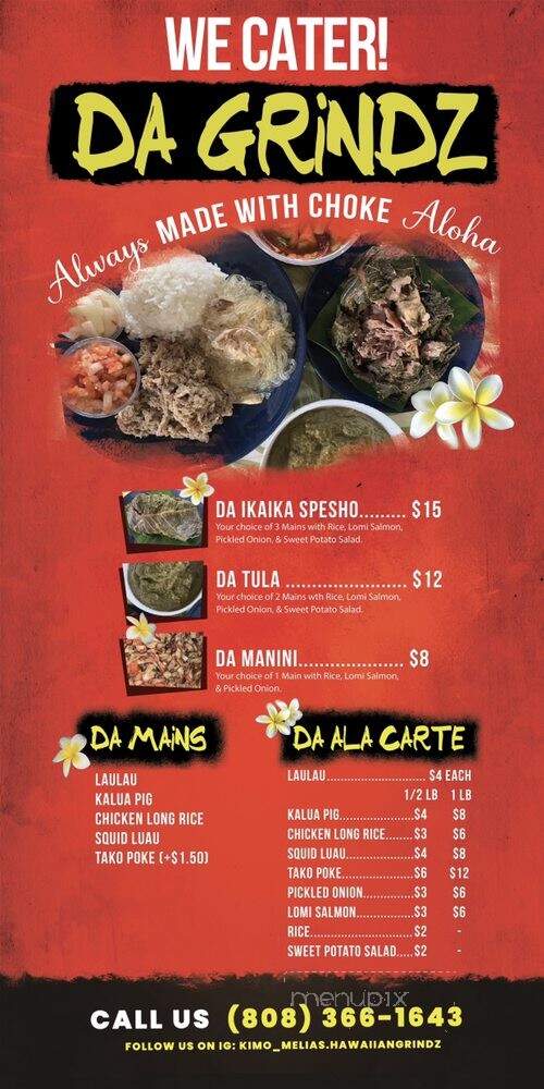 Menu of Kimo & Melia's Hawaiian Grindz in Pahoa, HI 96778