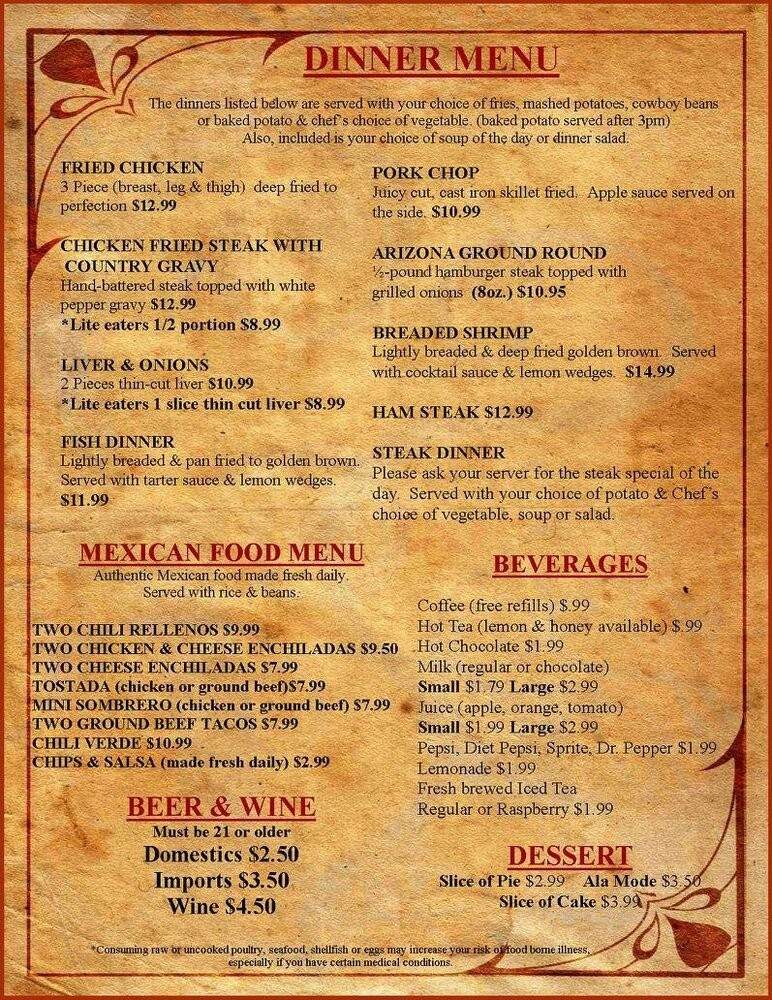 Stagecoach Restaurant - Quartzsite, AZ menu_pic