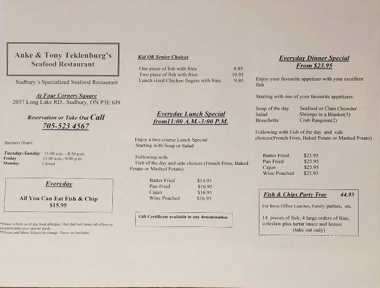 Anke & Tony Seafood Restaurant - Greater Sudbury, ON menu_pic