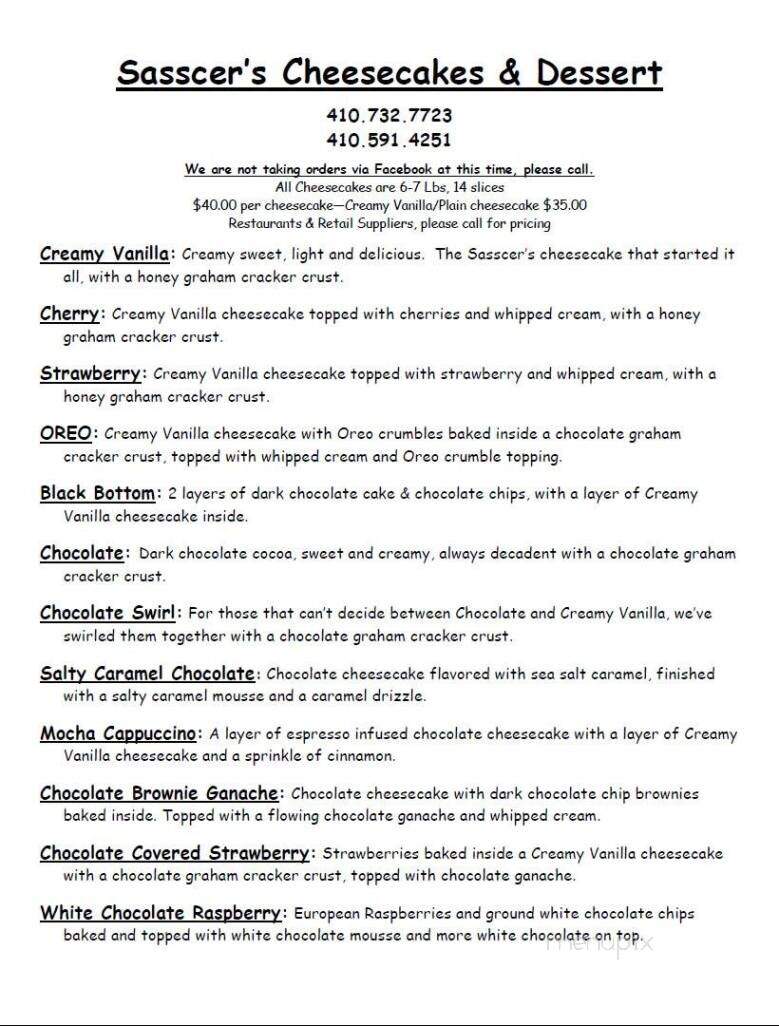 Sasscer's Cheesecakes - Baltimore, MD menu_pic