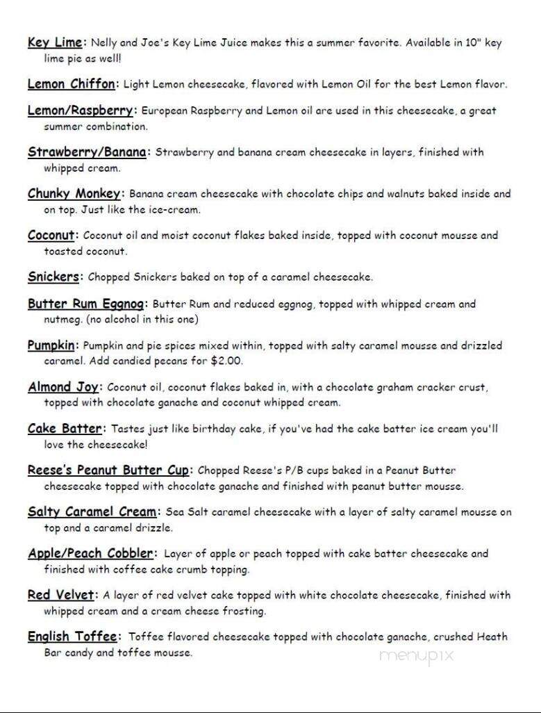 Sasscer's Cheesecakes - Baltimore, MD menu_pic