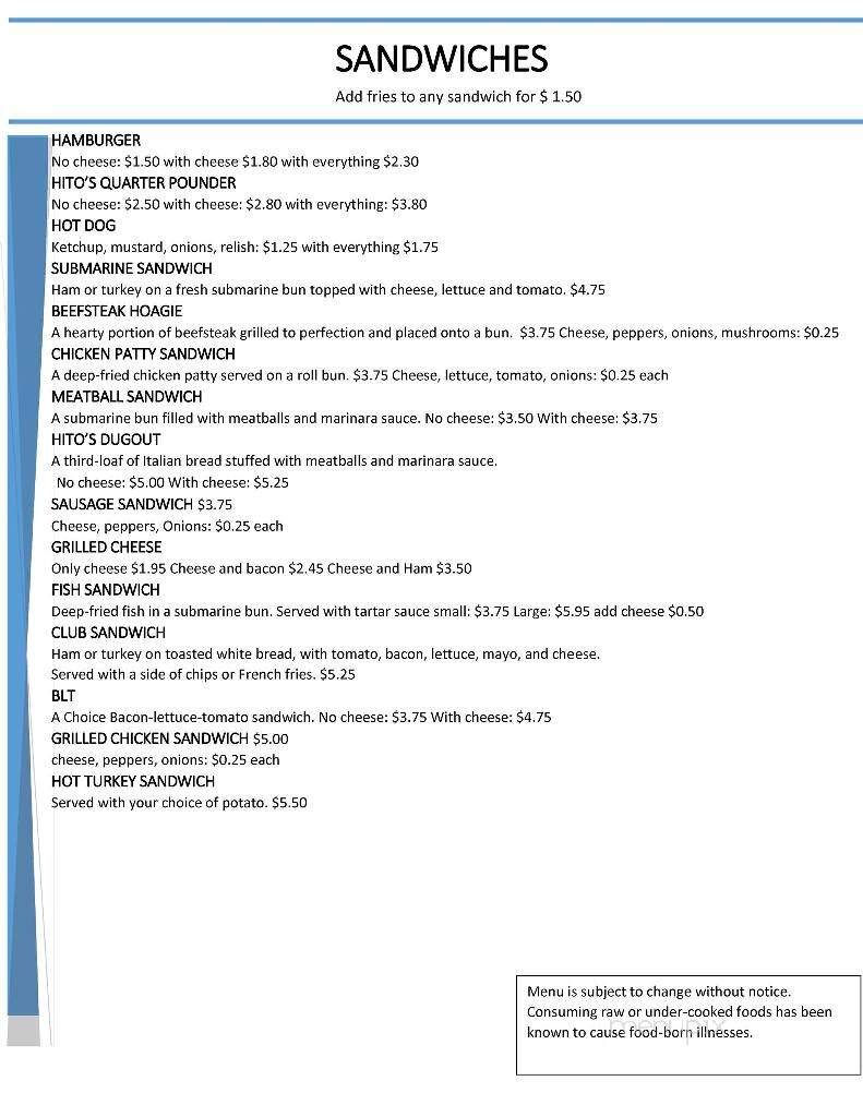 Hito's Restaurant - West Pittsburg, PA menu_pic