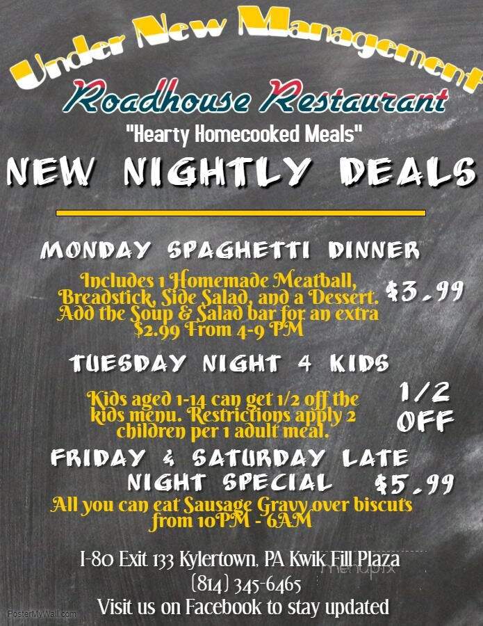 Roadhouse Restaurant - Kylertown, PA menu_pic