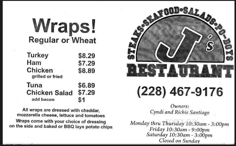 J 's Restaurant - Waveland, MS menu_pic