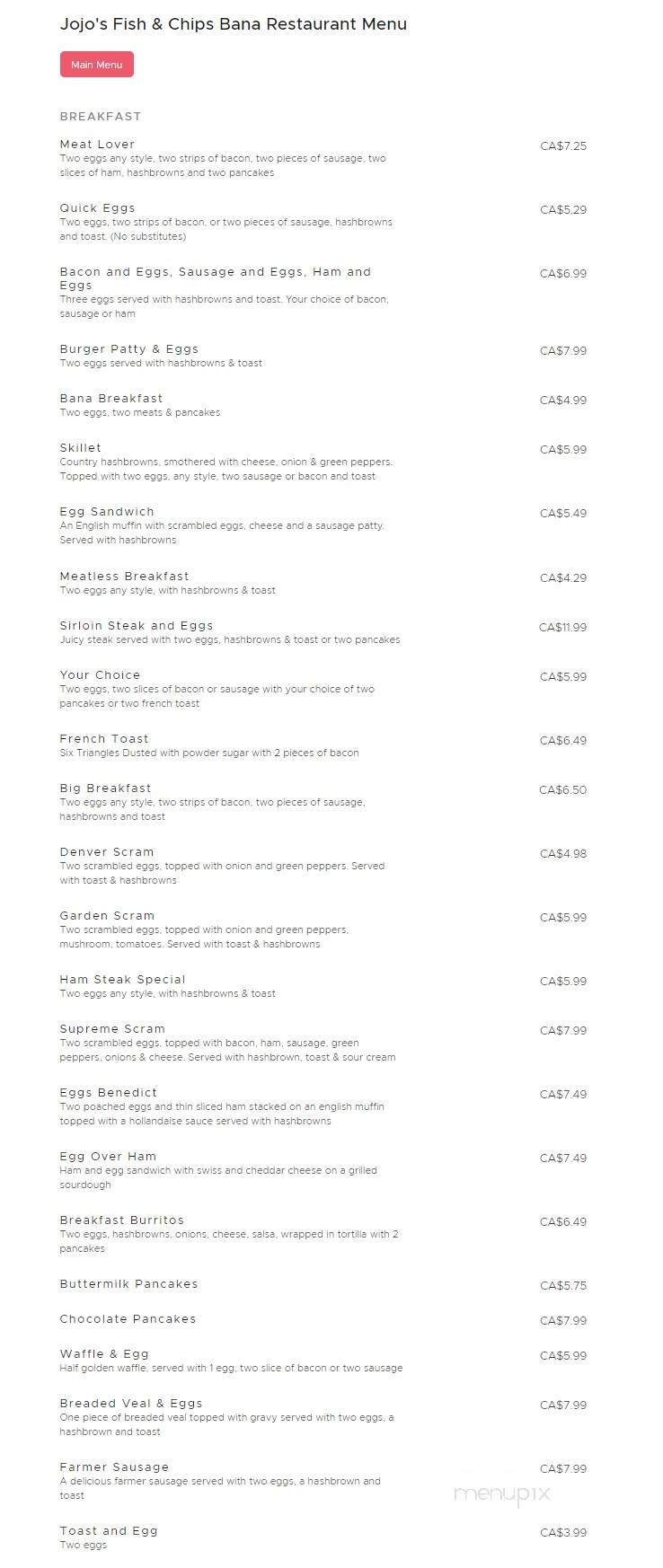 Jojo's Fish & Chips Bana Restaurant - Abbotsford, BC menu_pic
