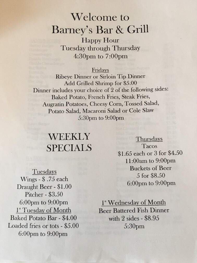 Barney's Bar & Grill - Evansport, OH menu_pic