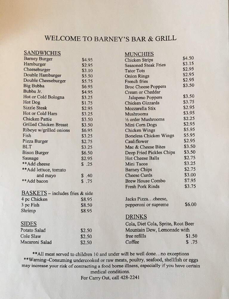 Barney's Bar & Grill - Evansport, OH menu_pic