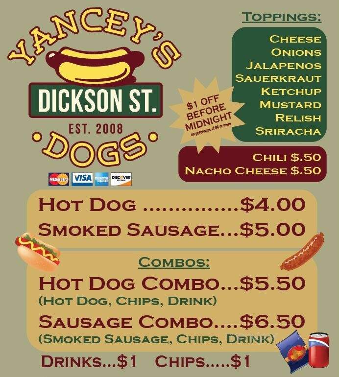 Yancey's Dickson Street Dogs - Fayetteville, AR menu_pic