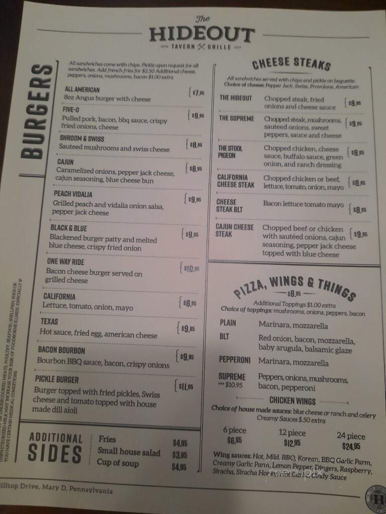 The Hideout - Tuscarora, PA menu_pic