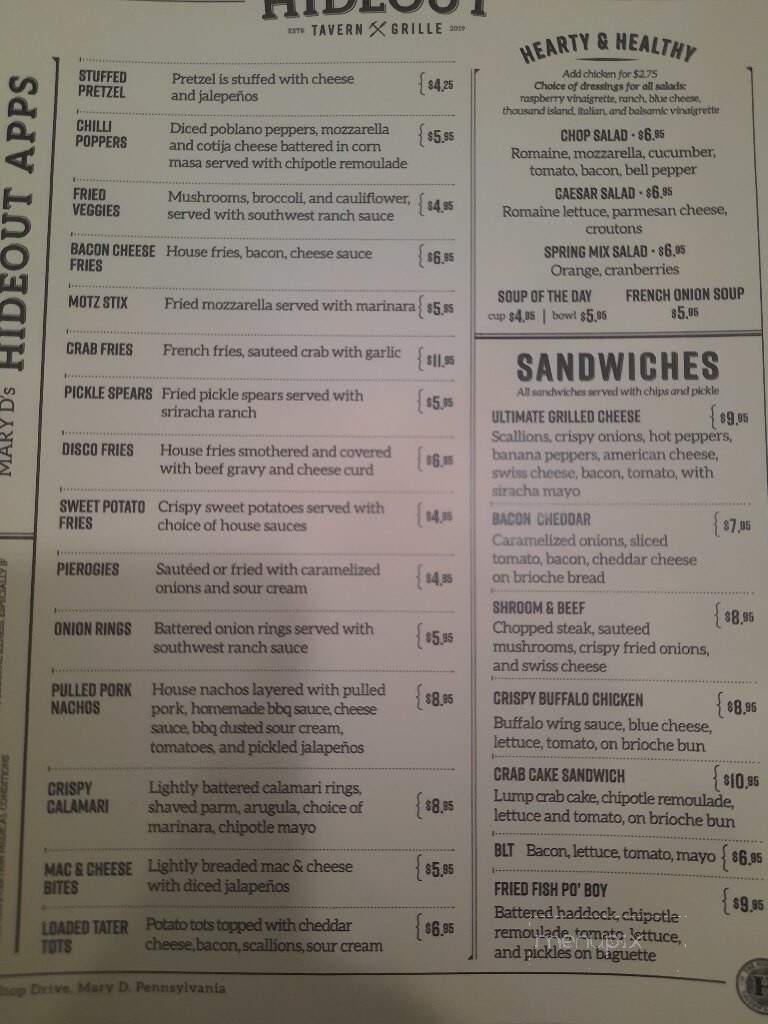 The Hideout - Tuscarora, PA menu_pic