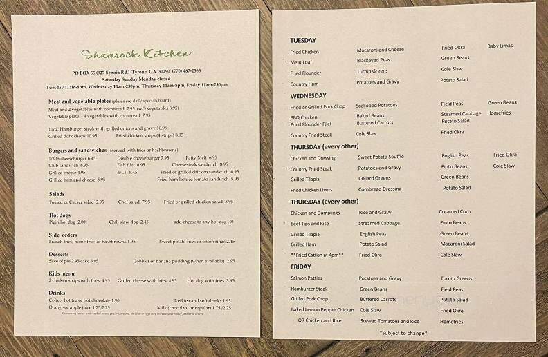 Shamrock Kitchen - Tyrone, GA menu_pic
