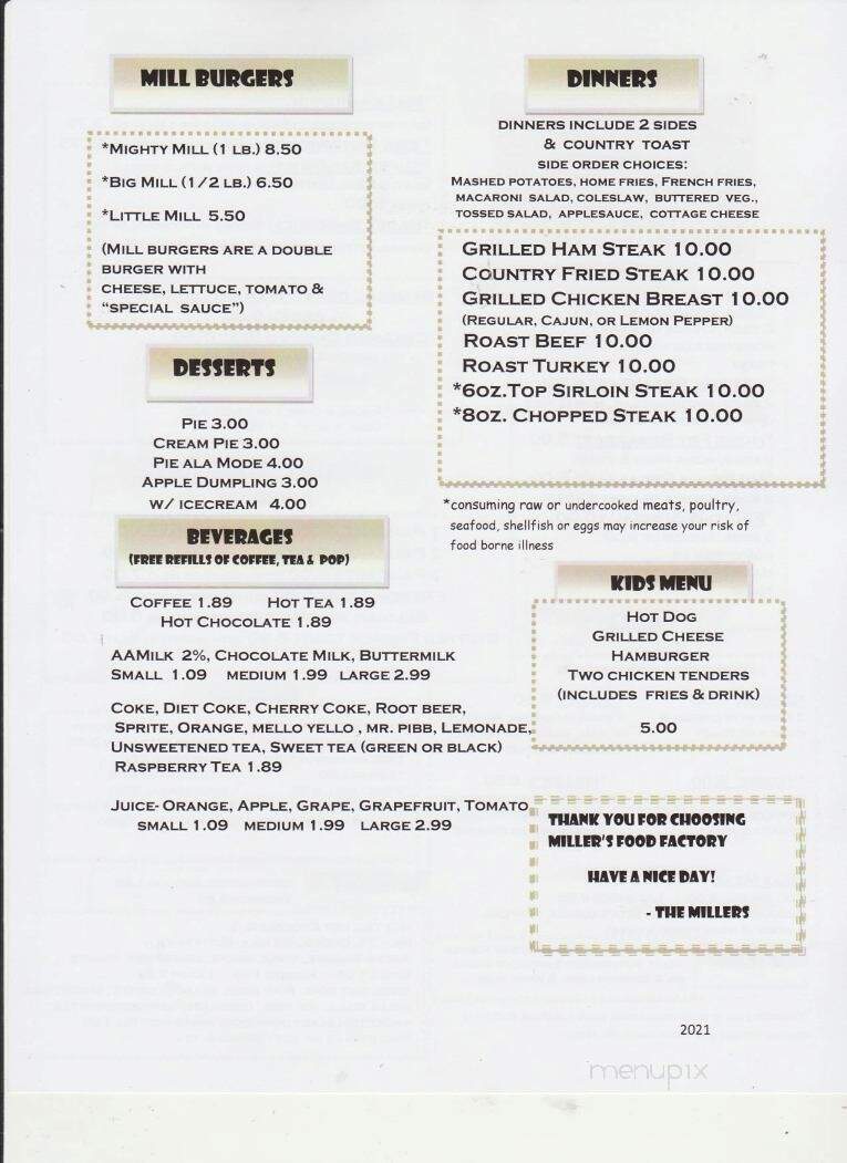 Miller's Food Factory - Conneaut Lake, PA menu_pic