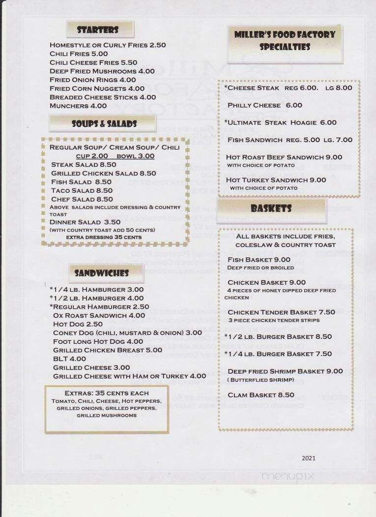 Miller's Food Factory - Conneaut Lake, PA menu_pic