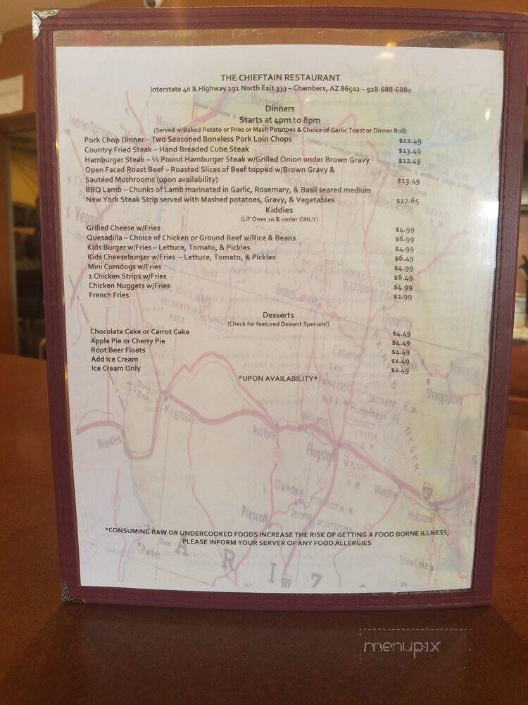 Chieftain Restaurant - Chambers, AZ menu_pic