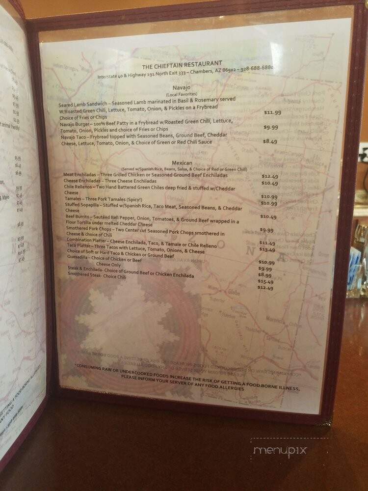 Chieftain Restaurant - Chambers, AZ menu_pic