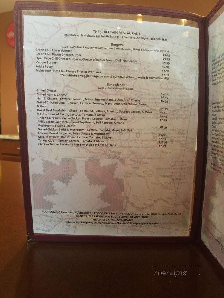 Chieftain Restaurant - Chambers, AZ menu_pic