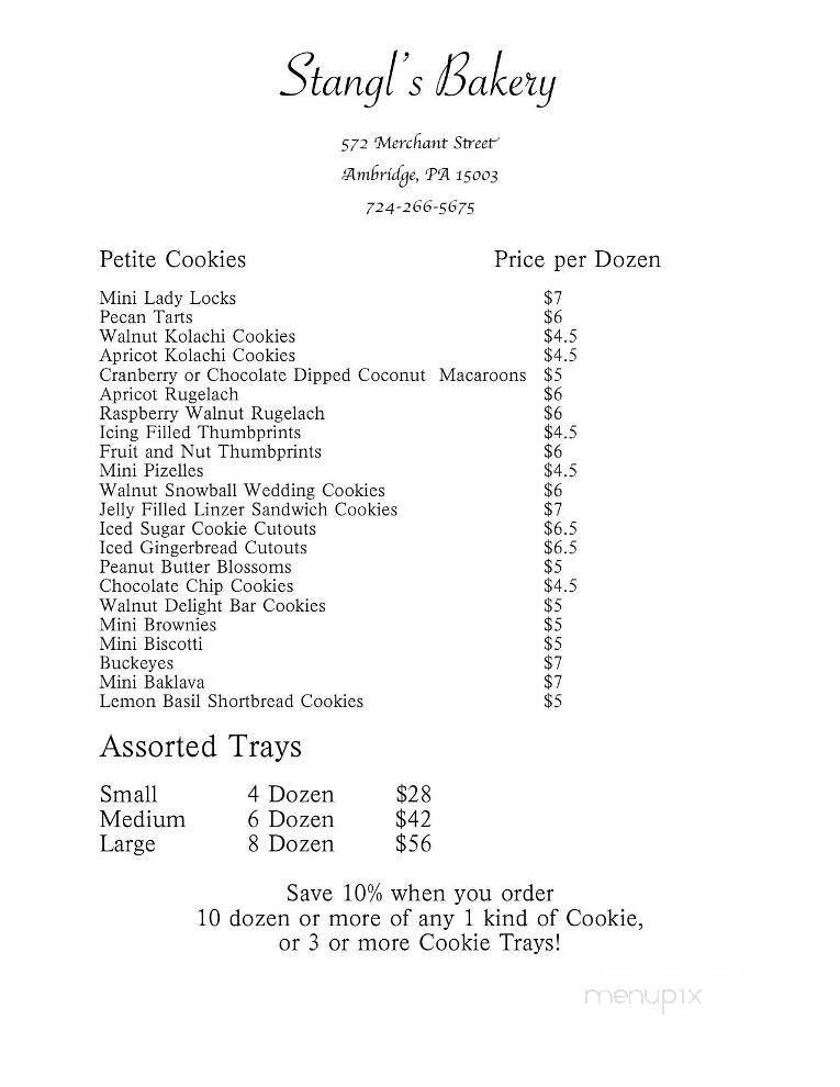 Stangl's Bakery - Ambridge, PA menu_pic
