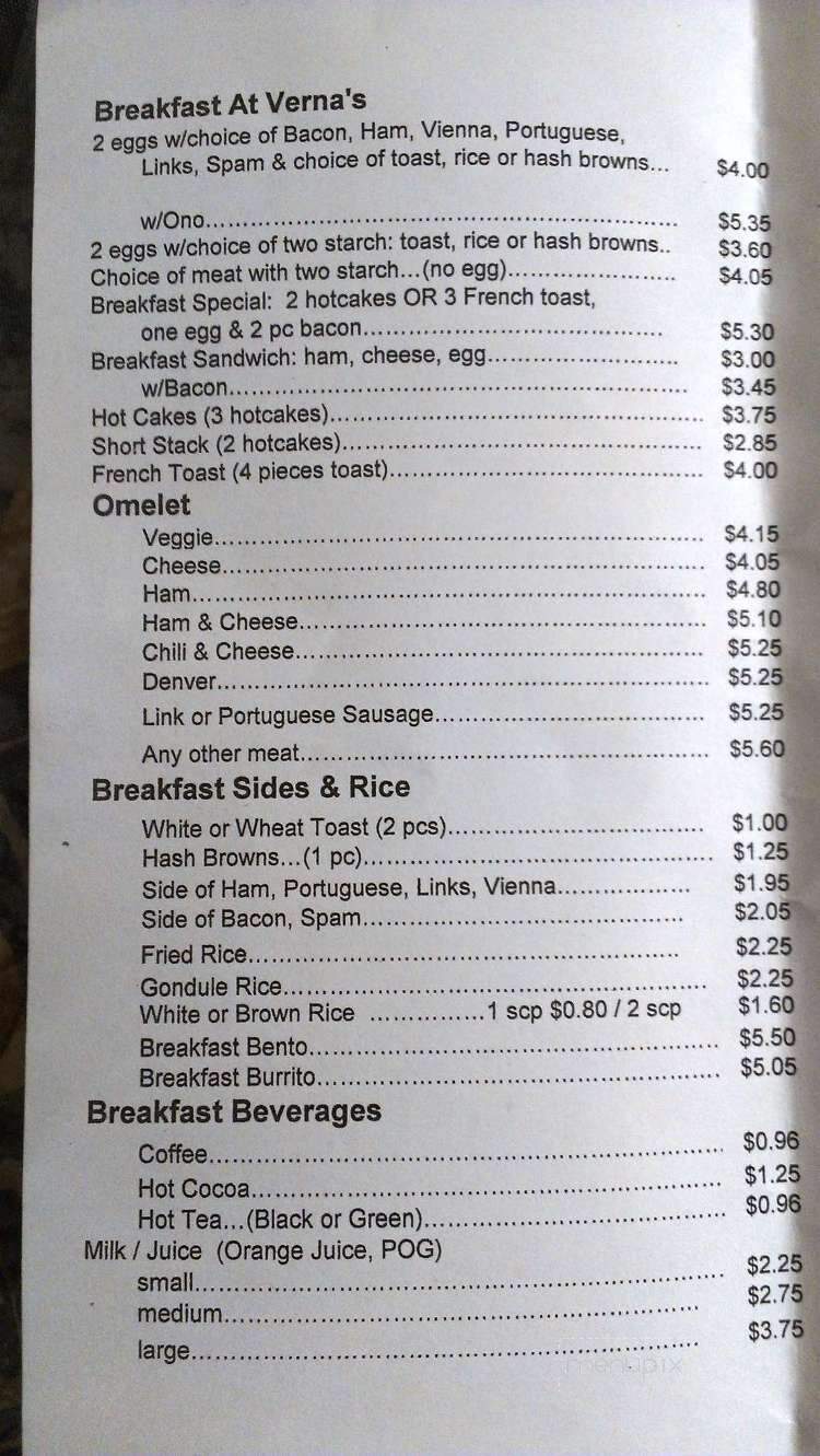 Verna's III Drive Inn - Hilo, HI menu_pic