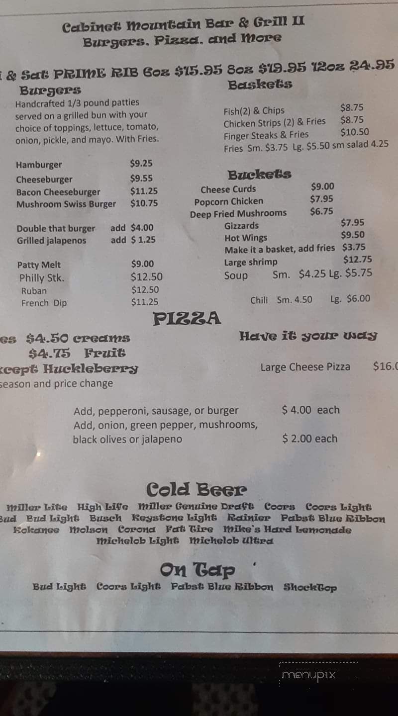 Cabinet Mountain Bar & Grill - Clark Fork, ID menu_pic