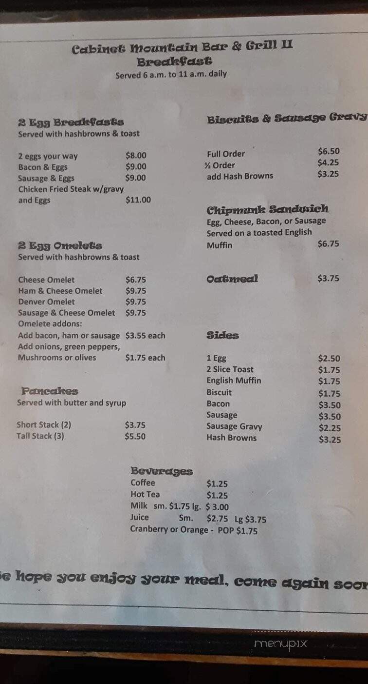 Cabinet Mountain Bar & Grill - Clark Fork, ID menu_pic