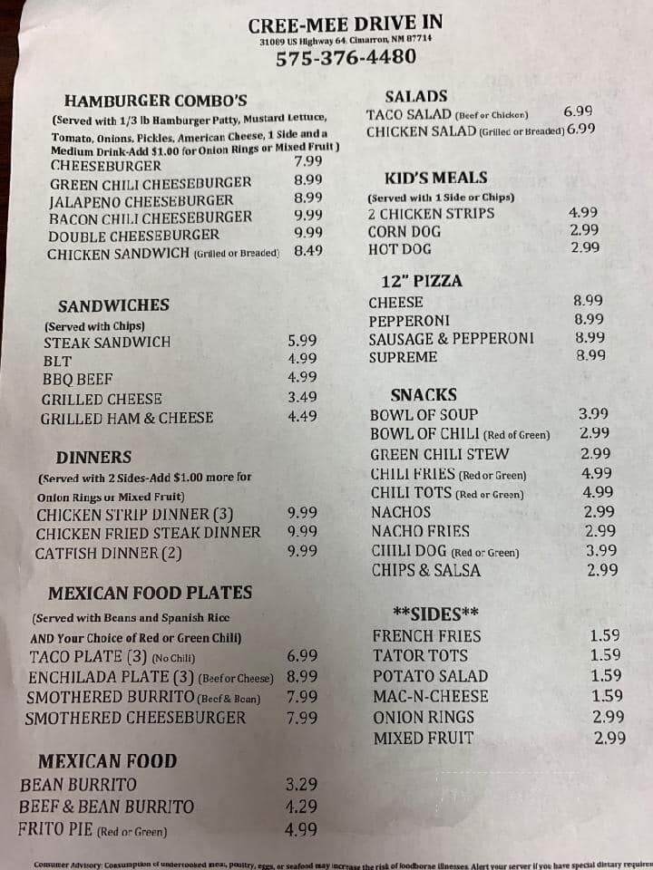Cree-Mee Drive In - Cimarron, NM menu_pic