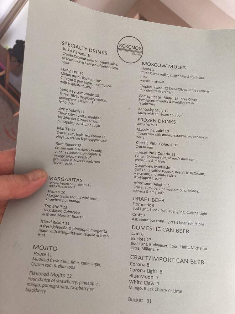 Kokomos Bar & Grille - Clearwater Beach, FL menu_pic