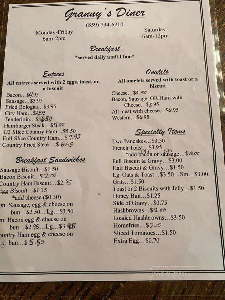 Granny's Diner - Harrodsburg, KY menu_pic
