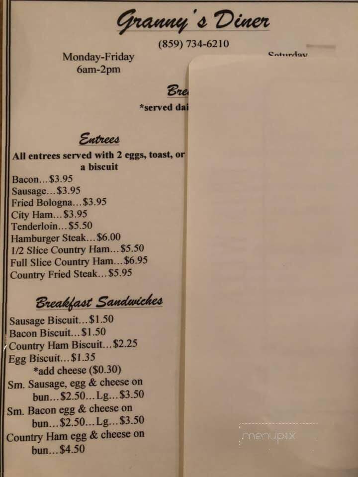 Granny's Diner - Harrodsburg, KY menu_pic