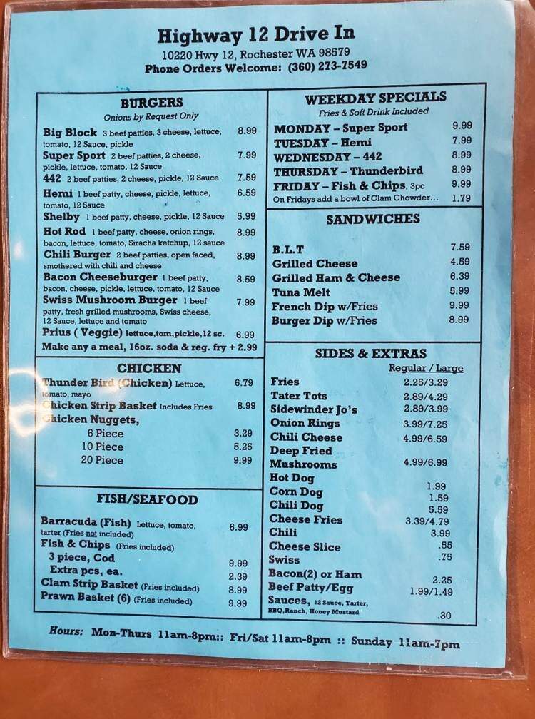 Highway 12 Drive In - Rochester, WA menu_pic