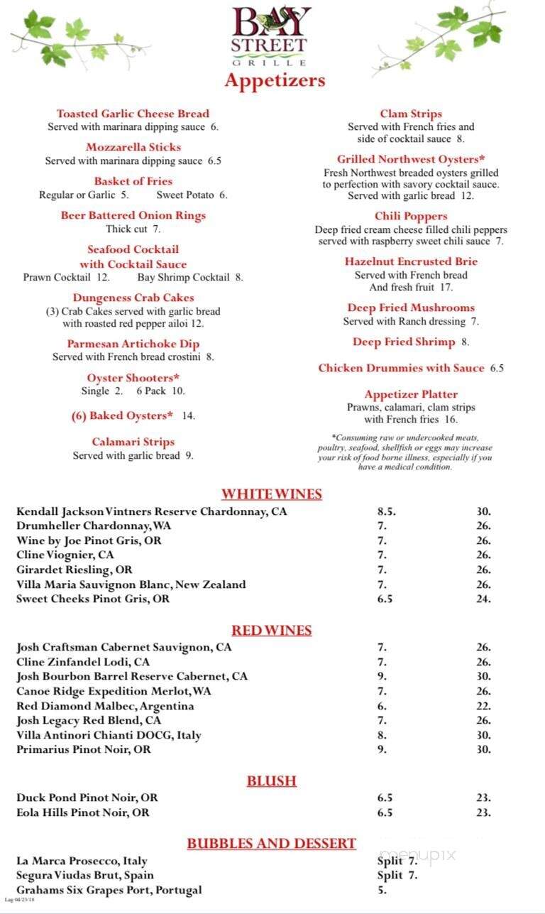Bay Street Grille - Florence, OR menu_pic